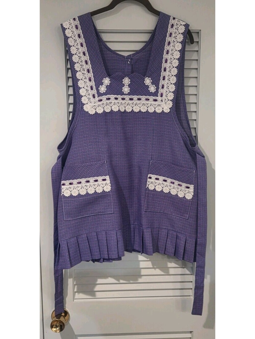Mexican Traditional Embroidered Apron Size 38 Purple Checkered White Lace